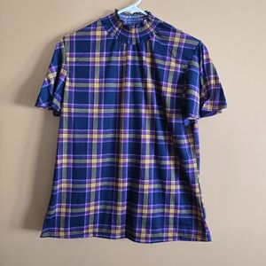 Arabella Plaid Top With Split Bell Sleeves And Elastic Mock Neck PTP=19.5"